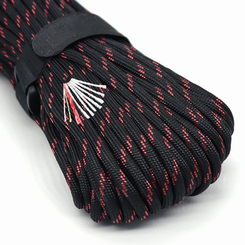 PSKOOK Survival Paracord Rope PSKOOK 100 Feet Fire Starter Parachute Cord 7-Strand Nylon with Red Tinder Cord PE Fishing Line Cotton Thread for Outdoor Lanyards, Bracelets, Handle Wraps (Black Red) - Image 1